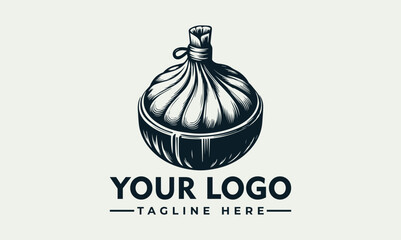 Fototapeta premium Illustration of a dumpling in a bowl, tied at the top, with space for a logo and tagline.