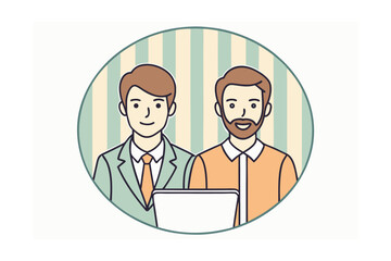 Fototapeta premium Two men in business attire with a laptop in a circular frame partners computer