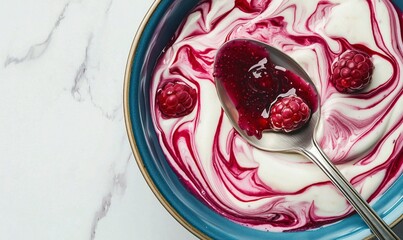 Yogurt with raspberry jam and whole berries in bowl with spoon, top view
