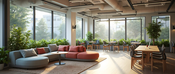 Fototapeta premium Espace de coworking moderne avec sièges ouverts, éclairage propre et végétation, favorisant la productivité
