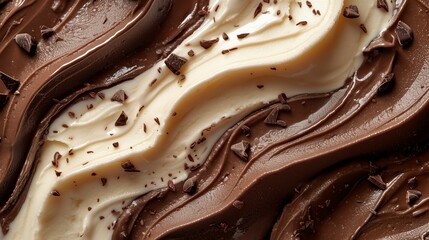Ice cream with chocolate chunks, closeup, top view