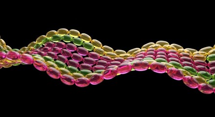 Abstract colorful gel capsules wave pattern on black background for vitamin supplement or health product promotion