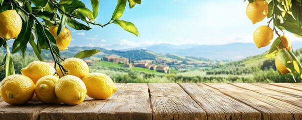 Fresh ripe lemons on wooden table with countryside landscape, copy space