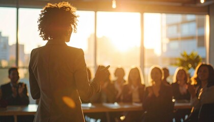 A confident businesswoman speaking to an audience with sunset streaming through glass windows, representing empowerment and leadership