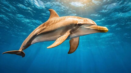 Graceful Dolphin Swimming Underwater in Sunlit Blue Water