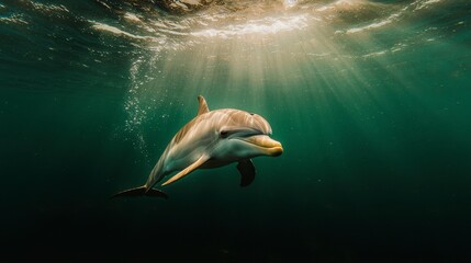 Dolphin Swimming Underwater in Dark Teal Water with Sunlight