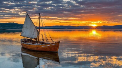 Golden Sunset Sailboat on Calm Water