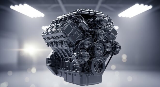 Detailed car engine with metallic components showcasing power and innovation in a modern engineering design against an abstract background