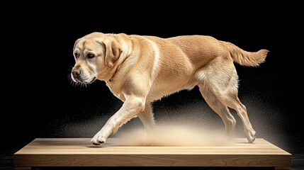 Labrador Retriever Running Across Wooden Surface, Sand Splash, Black Background