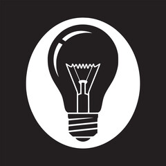 A stylized white light bulb with visible filament inside a white circle on a black background