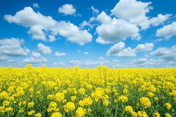 Obraz premium Yellow rapeseed flower field under blue sky with fluffy clouds in a bright sunny spring day