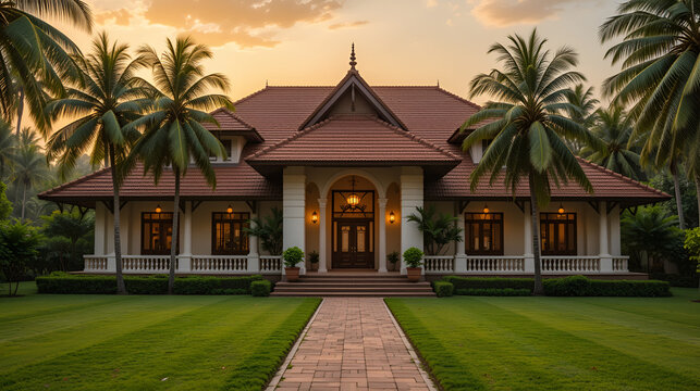 Entrance view of a Beautiful Brick Roof House in India with a lovely lawn & Coconut trees around, sun setting in the background giving a feast to the viewers eyes