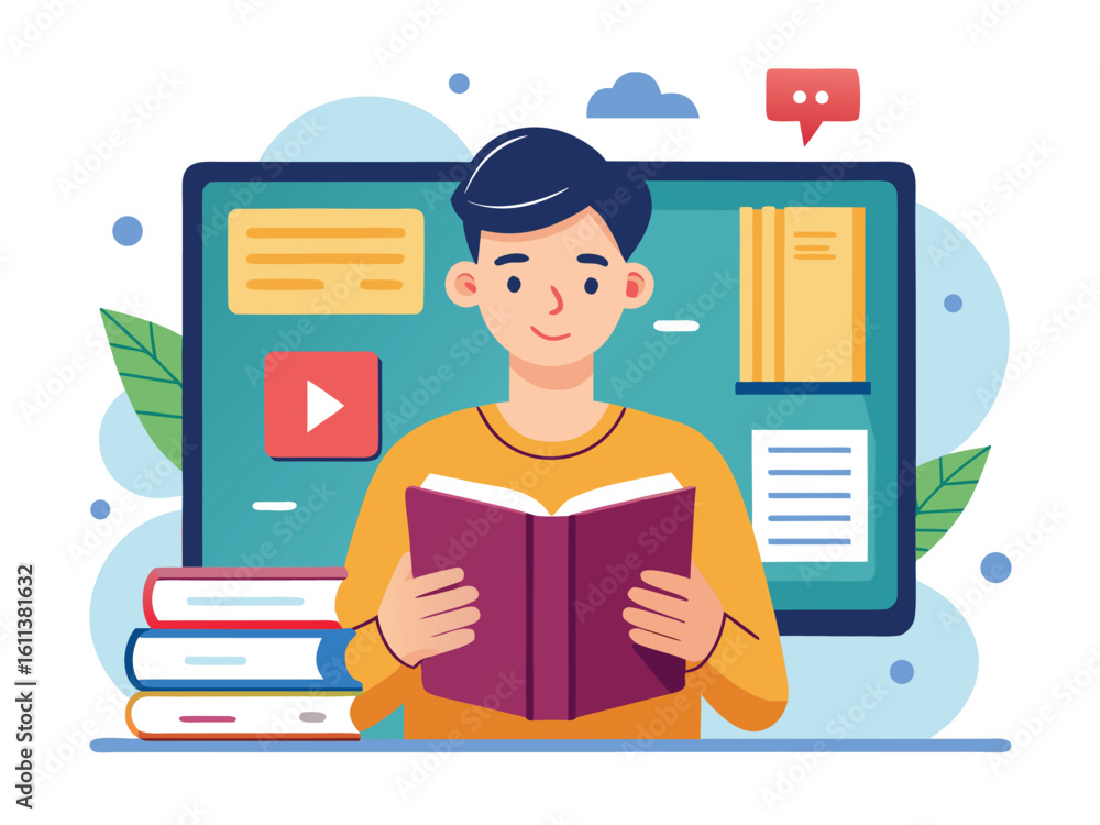 Poster young person reading a book on a tablet device with stacked books and digital elements vector