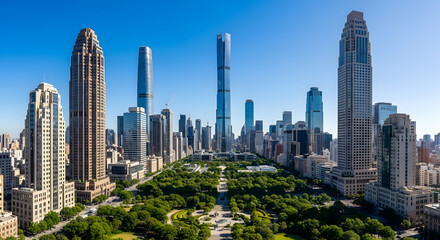 Fototapeta premium A city skyline with a large green park in the middle. The buildings are tall and the sky is clear