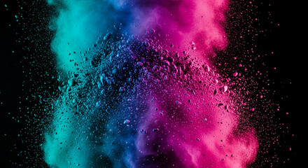 Vibrant pink and teal powder explosion on black background, creating a dynamic and energetic visual effect, ideal for design or abstract concepts