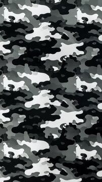 Seamless camouflage pattern background featuring irregular shapes in shades of black, gray, and white creates an abstract design.