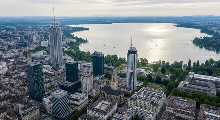 Obraz premium A city with a large body of water in the background