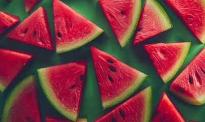 Watermelon triangle slices flat lay, vibrant texture on green background, copy space