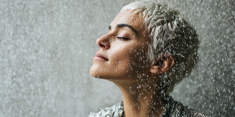Fototapeta premium A Middle Eastern woman stands with her eyes closed, allowing rain to cascade down her face, symbolizing introspection and personal growth. The setting evokes a dreamlike atmosphere