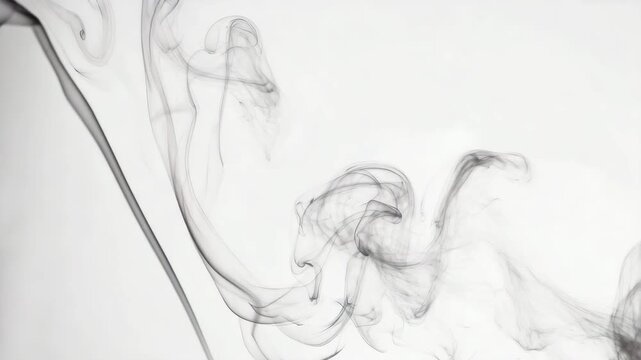 Delicate wisps of gray smoke curling and flowing in an elegant, abstract pattern on a stark white background.