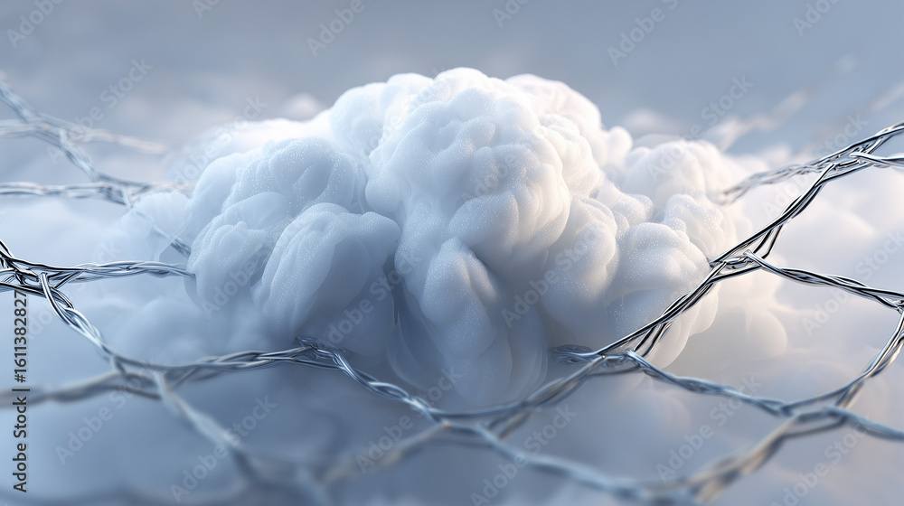 Poster 3d soft white cloud tangled gently in a floating metallic net above a clean surface symbolic control