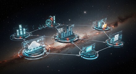 Futuristic digital network concept, interconnected data visualization, and cloud computing elements floating in space.