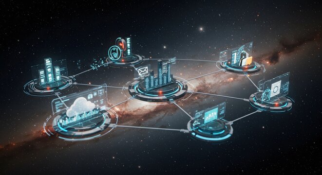 Futuristic digital network concept, interconnected data visualization, and cloud computing elements floating in space.