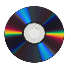 A single, hyper-detailed optical disc (CD/DVD) with vivid iridescent blue, purple, red, yellow reflections and a metallic central ring, isolated on a transparent background with studio lighting,