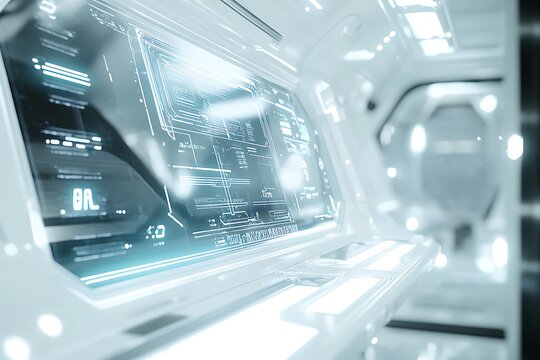 Closeup of a futuristic control panel with glowing digital interfaces