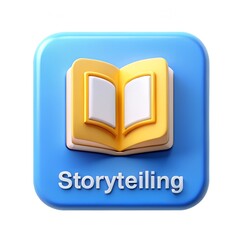 An open book icon with the word storytelling below it, symbolizing narrative