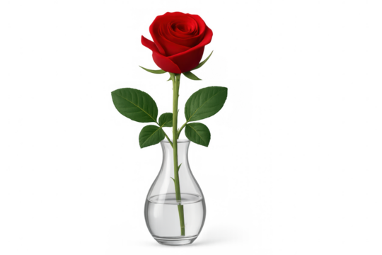 Realistic red rose with green leaves standing in a transparent glass vase with water, isolated on transparent background - Powered by Adobe