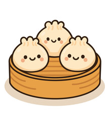 Cute illustration of steamed dumplings in a bamboo basket, designed in a playful kawaii style. Perfect for food illustrations, especially for children's content or Asian food-themed projects.