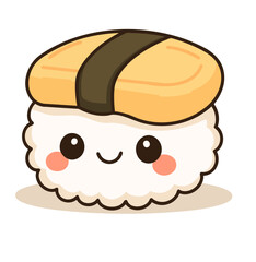 Cute sushi roll topped with egg, designed in a fun and cheerful kawaii style. Perfect for kids' food illustrations, featuring a delightful sushi design with a playful twist.