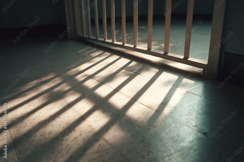 Poster empty floor with only a shadow of cage bars visible and no physical object symbolic of imagined rest