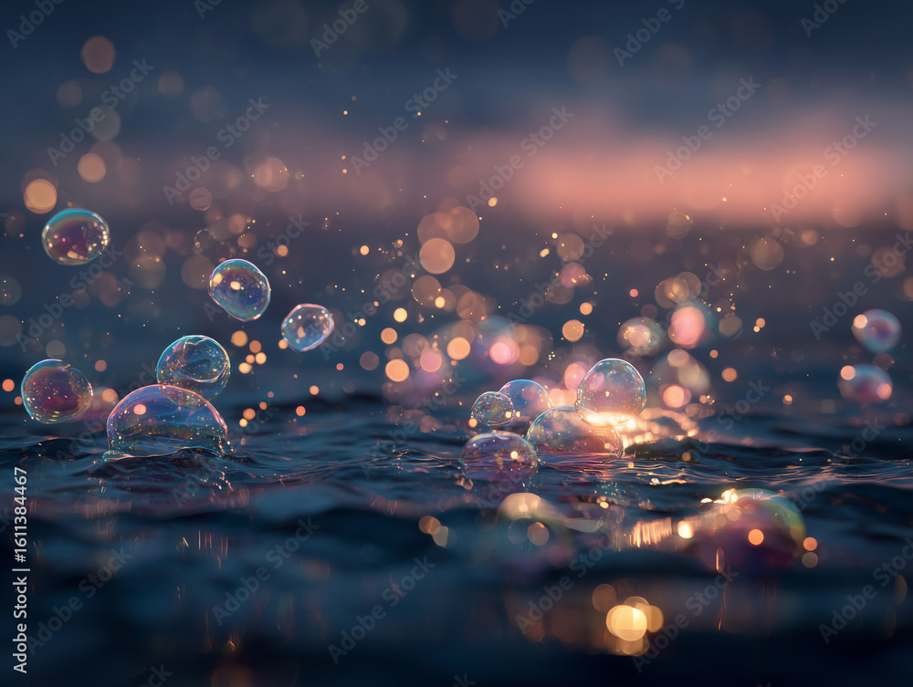 Poster dreamy soap bubbles floating on water with sparkling bokeh, a magical and ethereal scene