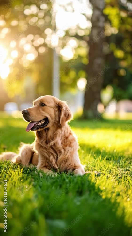 Aufkleber golden retriever resting on vibrant green grass with blurred tree and sunlight creating bokeh in bac