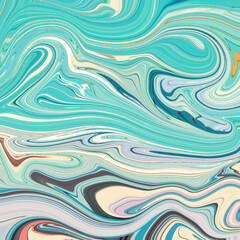 Dynamic abstract artwork with teal, cream, blue, and soft coral swirls. Modern fluid style background. Abstract, teal, fluid, swirl, artwork.