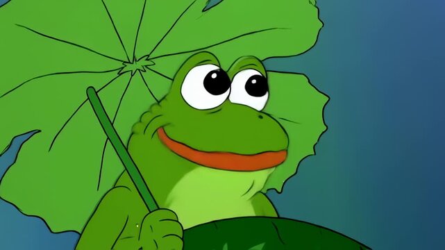 Animated Frog Character Holding Umbrella Smiling in Bright Cartoon Scene
