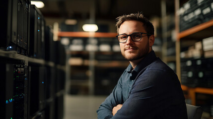 Obraz premium Confident male IT professional with glasses smiling next to a server rack in a modern dark data center