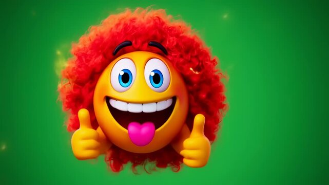 Colorful animated clown emoji with red curly hair giving two thumbs up against vibrant green background