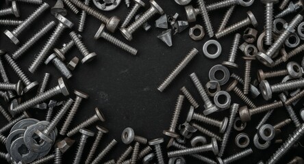 Industrial grade screws bolts and washers sorted on plain black background
