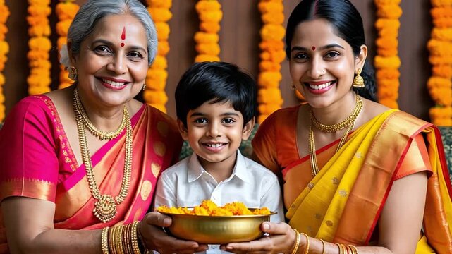 Grandmother, mother and son wearing traditional indian clothing, holding a bowl of flowers and smiling during diwali celebrations