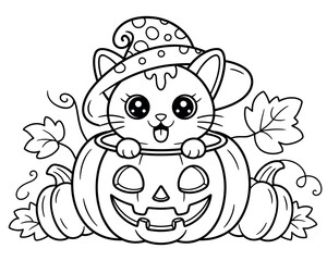 Whimsical halloween coloring book page for children featuring spooky characters and festive elements