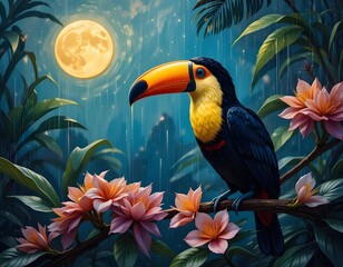 Toucan with bright beak on flowering branch in rainy jungle under full moonlight