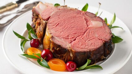 Fototapeta premium Juicy prime rib roast cooked to medium rare, served with a bone-in slice on a white plate. The beef is tender and richly marbled, surrounded by seasonal fruits like cherries and golden berries. 