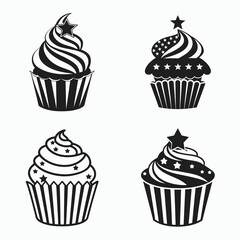 4th july cupcake silhouette set, Cupcake silhouette icon, holiday dessert graphic, festive treat symbol, 4th july cupcake silhouette vector 