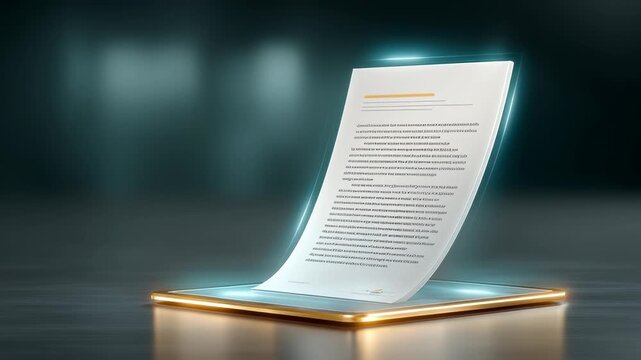 Robo-advisor and financial inclusion, A glowing digital document floats above a sleek illuminated platform, suggesting futuristic technology and advanced data display.