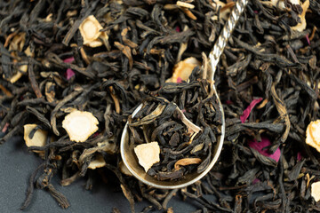 Aromatic Loose Tea with Ginseng Root and Pink Rose Flowers.