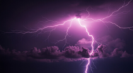 A powerful lightning strike illuminates a dark, stormy sky filled with dramatic, billowing clouds.