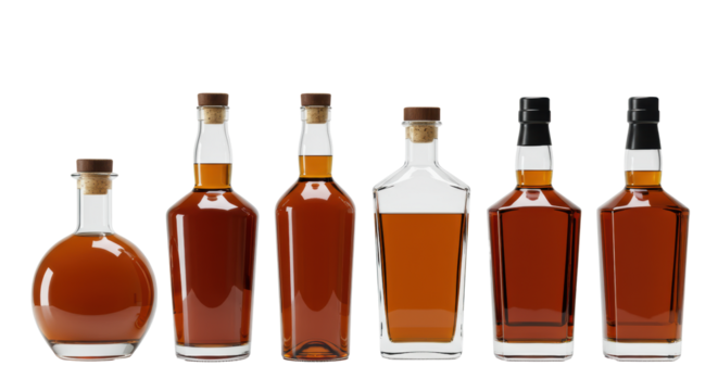 Six diverse clear glass bottles of amber and golden spirits, varying shapes and closures, aligned on a transparent shadowless background with ample copy space. Concept for premium beverage